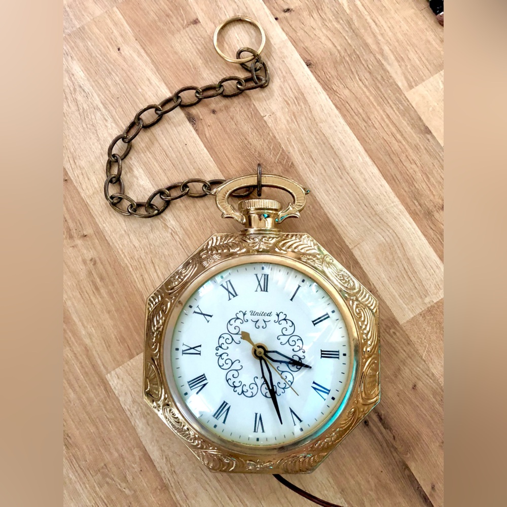 Large Vintage Brass Pocket Watch Style Electric Hanging Wall Clock from United